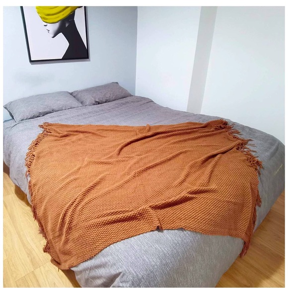 Rustic Orange Warm Cozy Knit Chic Tassel Living Room/Bed Blanket/Shawl/Cover - Picture 5 of 16